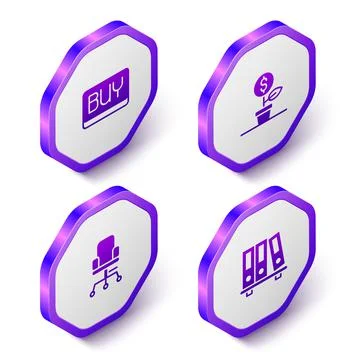 Set Isometric Buy button, Dollar plant, Office chair and folders icon. Purple Ilustración de archivo