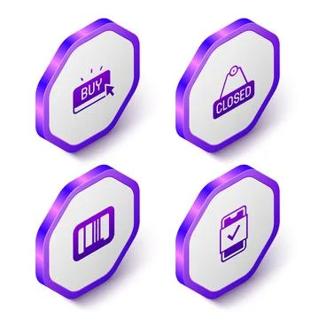 Set Isometric Buy button, Hanging sign with text Closed, Barcode and Mobile s Stock Illustration