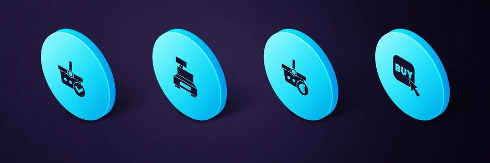 Set Isometric Buy button, Shopping basket and euro, Cash register machine and Stock Illustration