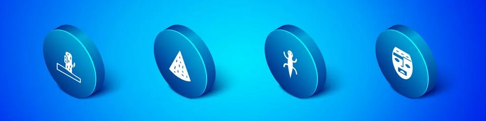 Set Isometric Cactus, Lizard, Aztec mask and Nachos icon. Vector Illustrazione stock