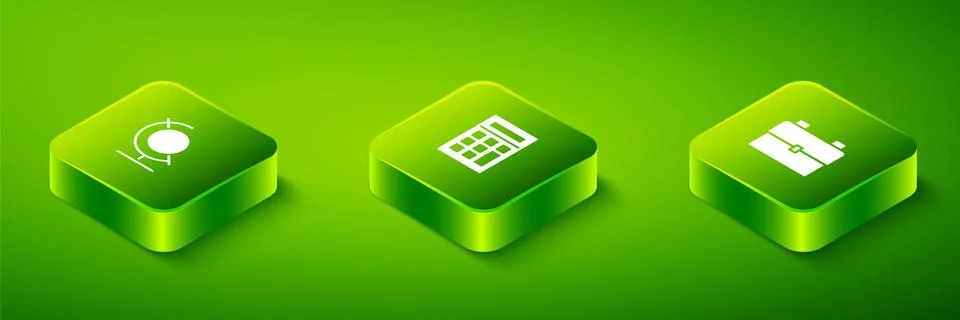 Set Isometric Calculator, School backpack and Earth globe icon. Vector Stock Illustration