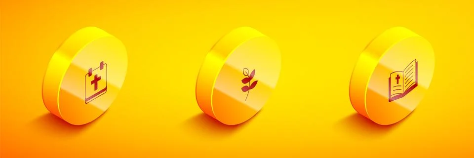 Set Isometric Calendar with Easter, Willow leaf and Holy bible book icon. V.. Stock Illustration