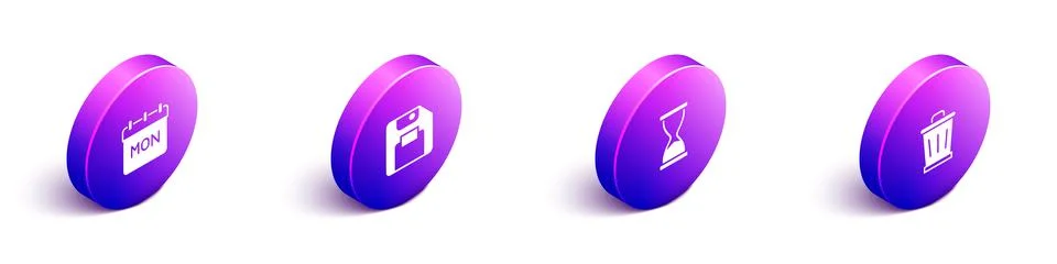 Set Isometric Calendar, Floppy disk, Old hourglass and Trash can icon. Vector イラスト素材