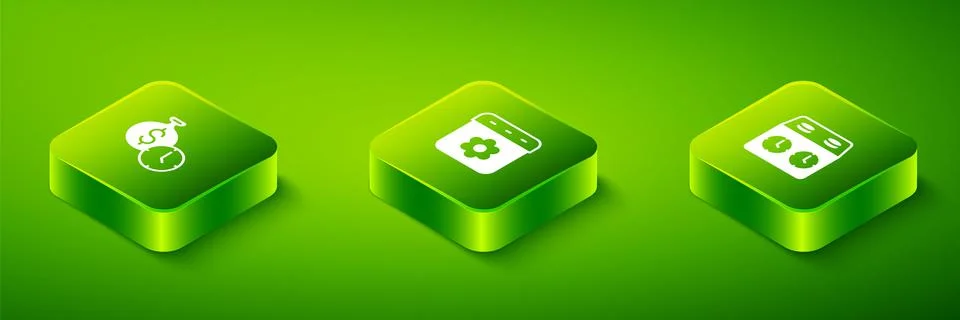 Set Isometric Calendar spring, Time chess clock and is money icon. Vector Stock Illustration