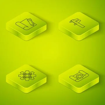 Set Isometric Calliper or caliper and scale, Processor, Graphing paper gear and Illustrazione stock