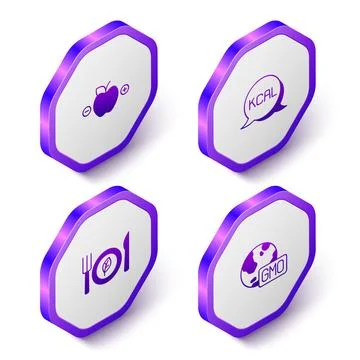 Set Isometric Calorie calculator, Kcal, Vegan food diet and GMO icon. Purpl.. Stock Illustration