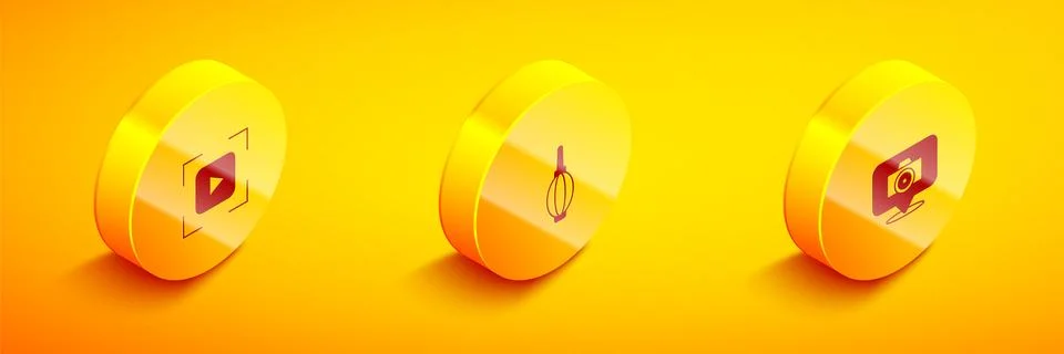 Set Isometric Camera focus frame line, Dust blower and Photo camera icon. Vector Illustrazione stock