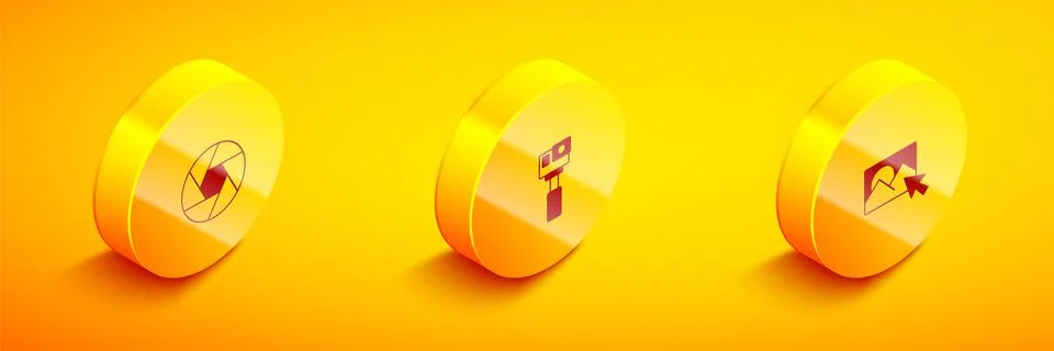 Set Isometric Camera shutter, Action camera and Photo retouching icon. Vector Stock Illustration