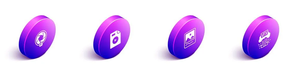 Set Isometric Camera shutter, AVI file document, Photo frame and VFX icon. .. Stock Illustration
