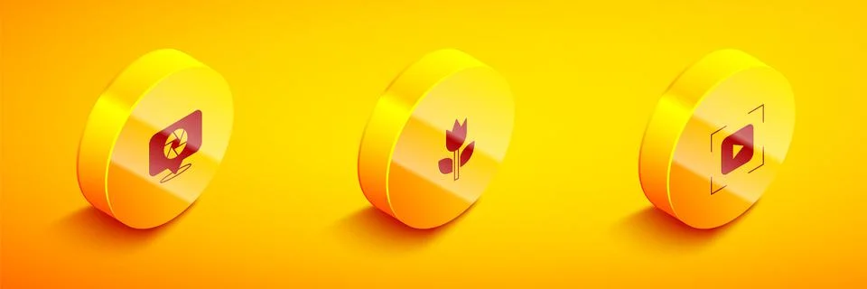 Set Isometric Camera shutter, Photo mode macro and focus frame line icon. Vec Stock Illustration
