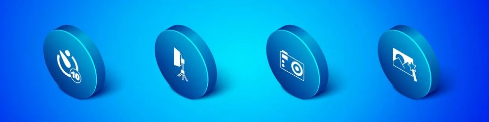 Set Isometric Camera timer, Photo camera, retouching and Softbox light icon Stockillustratie