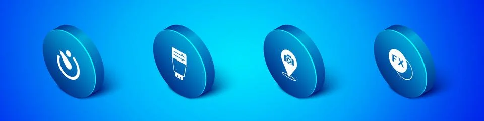 Set Isometric Camera timer, Photo camera, fx and flash icon. Vector Stock Illustration