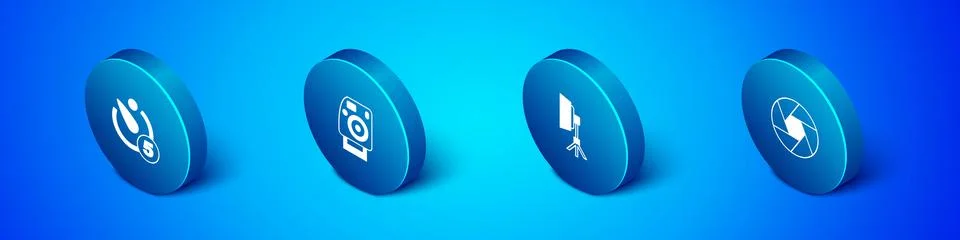 Set Isometric Camera timer, Softbox light, shutter and Photo camera icon. Vector Stock Illustration