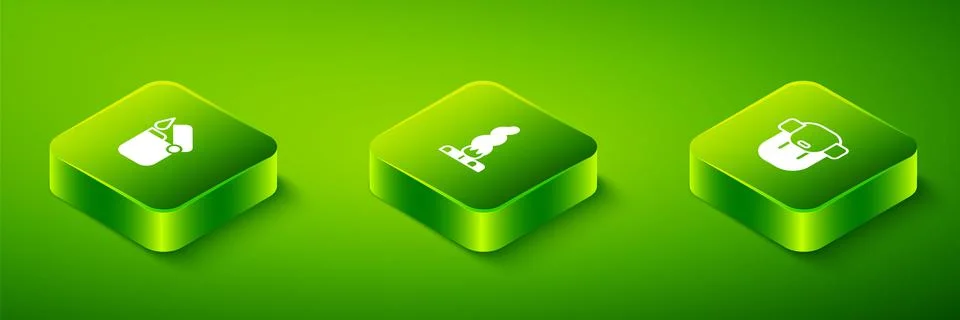 Set Isometric Campfire, Hiking backpack and Lighter icon. Vector Illustrazione stock