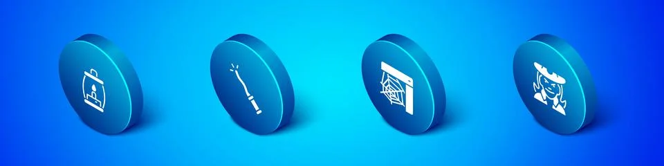 Set Isometric Camping lantern, Spider web, Witch and Magic wand icon. Vector Stock Illustration