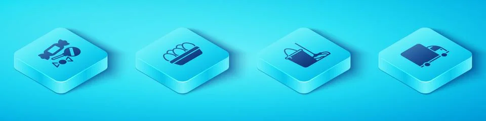 Set Isometric Candy, Chicken egg in box, Delivery cargo truck and Mop bucket Stock-Illustration
