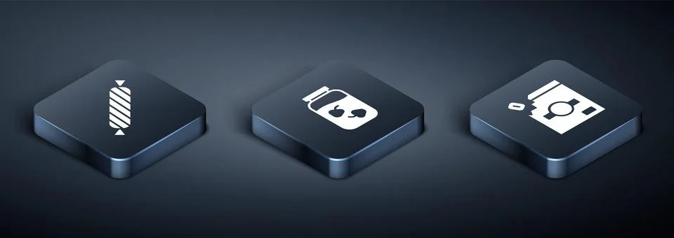 Set Isometric Candy, packaging for sweets and Strawberry jam jar icon. Vector Stock Illustration