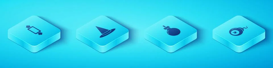 Set Isometric Candy, Witch hat, Eye and Bomb ready to explode icon. Vector 스톡 일러스트