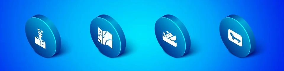 Set Isometric Captain of ship, Sinking cruise, Sunbed and umbrella and Folded Stock Illustration