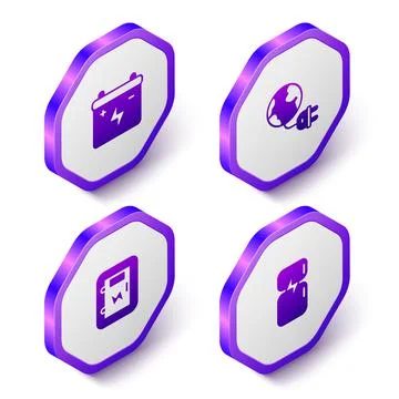 Set Isometric Car battery, Global energy planet with plug, Electrical panel and Stock Illustration