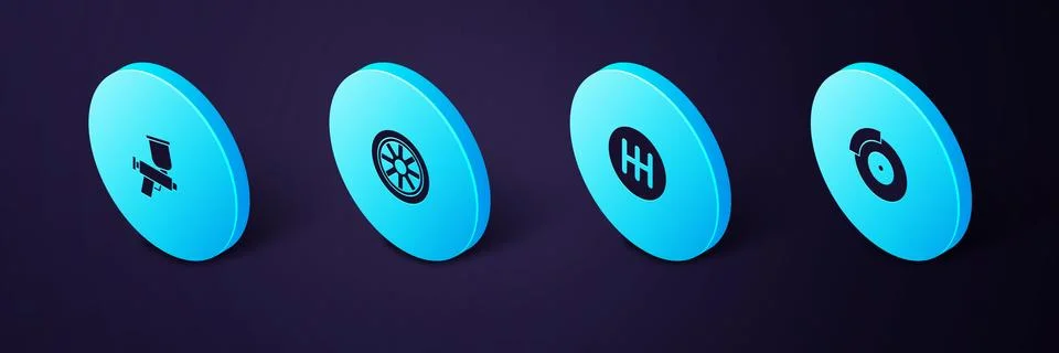 Set Isometric Car brake disk with caliper, Gear shifter, wheel and Paint spray Illustration