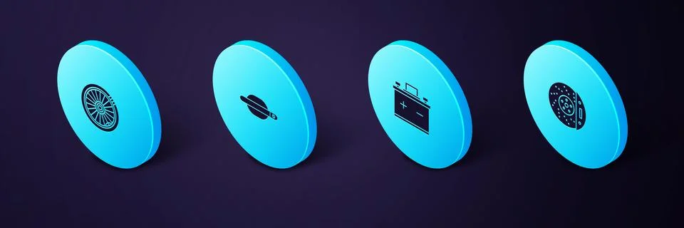 Set Isometric Car brake disk with caliper, battery, door handle and wheel icon Illustration