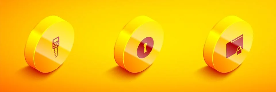 Set Isometric Car key with remote, Keyhole and Folder and lock icon. Vector Stock Illustration