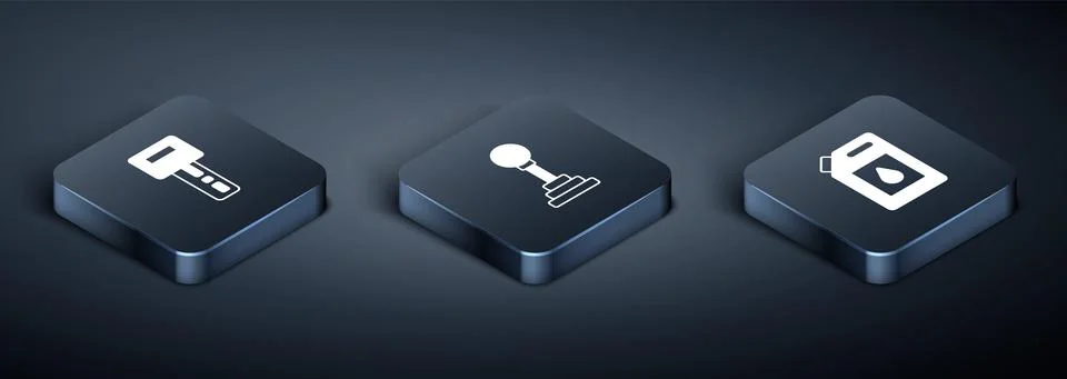Set Isometric Car key with remote, Canister for motor oil and Gear shifter icon Stock Illustration