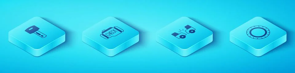 Set Isometric Car key with remote, Check engine, tire wheel and accident icon Stock Illustration