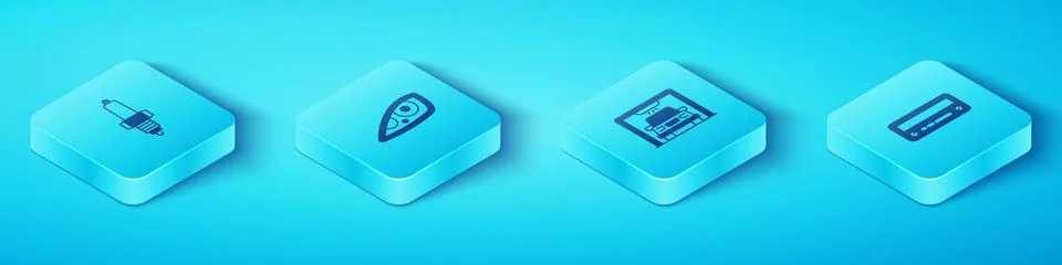 Set Isometric Car spark plug, headlight, audio and wash icon. Vector Stock Illustration
