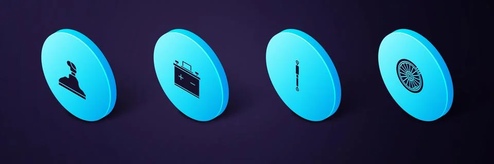 Set Isometric Car wheel, Shock absorber, battery and Gear shifter icon. Vector Stock Illustration
