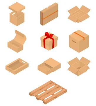 Set of isometric cardboard boxes and pallet Stock Illustration