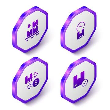 Set Isometric Cardboard boxes on pallet, with clock, Tax cardboard and Carton Stock Illustration