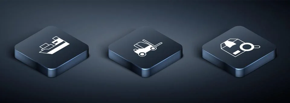 Set Isometric Cargo ship with boxes delivery, Search package and Forklift truck Illustrazione stock