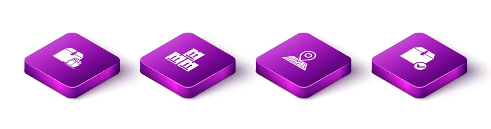 Set Isometric Cargo ship with boxes, Cardboard traffic, Placeholder on map and Stock Illustration