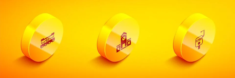 Set Isometric Cargo train wagon, Railway station and Emergency brake icon Illustration