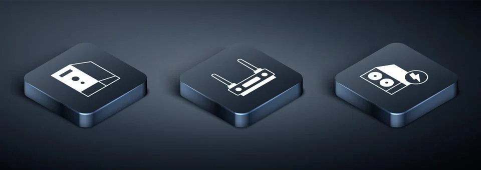 Set Isometric Case of computer,  and Router and wi-fi signal icon. Vector Illustrazione stock