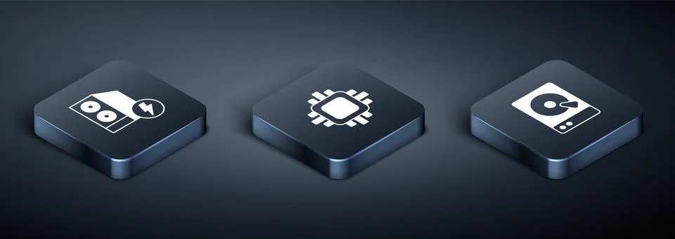 Set Isometric Case of computer, Hard disk drive HDD and Processor with CPU icon 스톡 일러스트