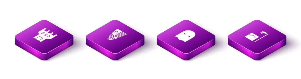 Set Isometric Castle tower, Shield, Executioner mask and axe in tree block ic Stock Illustration