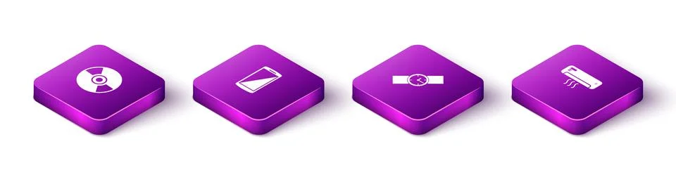 Set Isometric CD or DVD disk, Smartphone, mobile phone, Wrist watch and Air c Illustrazione stock