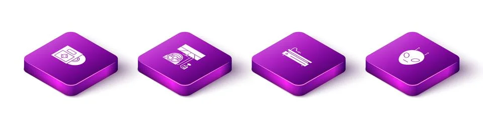 Set Isometric CD or DVD disk in box, Racing simulator cockpit, Video game con Stock Illustration