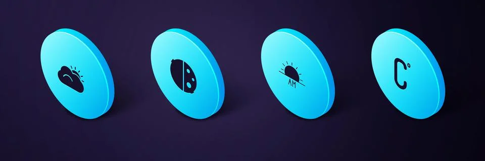 Set Isometric Celsius, Sunrise, Eclipse of the sun and and cloud icon. Vector Stock Illustration