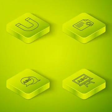 Set Isometric Certificate template, Alphabet, Chalkboard and Magnet icon. Vector Stock Illustration