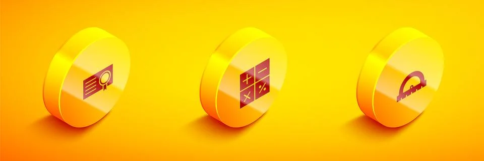 Set Isometric Certificate template, Calculator and Protractor icon. Vector 库存插图