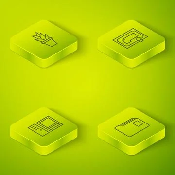 Set Isometric Certificate template, Computer monitor, Document folder and Plant Stock Illustration