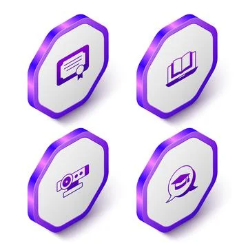 Set Isometric Certificate template, Online class, Web camera and Graduation cap Stock Illustration