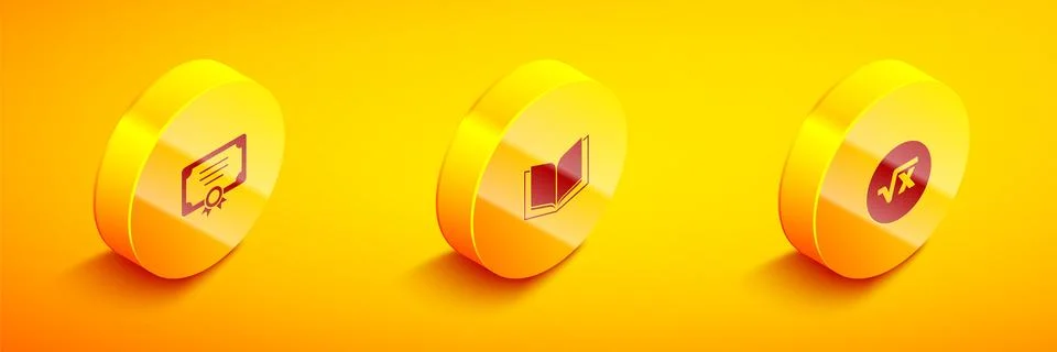 Set Isometric Certificate template, Open book and Square root of x glyph ic.. Illustrazione stock