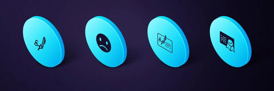 Set Isometric Certificate template, Signed document, Sad smile and Signature  Stock Illustration