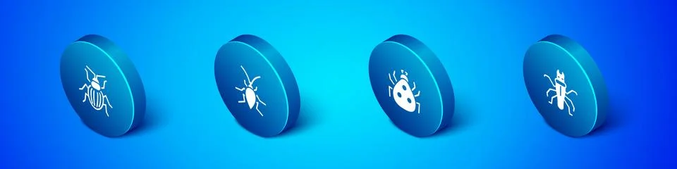 Set Isometric Chafer beetle, Ladybug, Termite and Cockroach icon. Vector Illustrazione stock