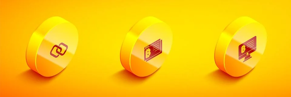 Set Isometric Chain link, Bitcoin browser and Mining bitcoin from monitor icon 스톡 일러스트
